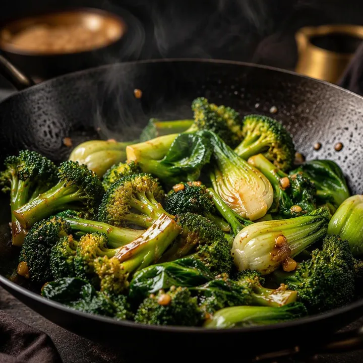Stir-fried broccoli and bok choy in wok with sauce at Nouba Restaurant and Rooftop Lounge, C-Scheme Jaipur