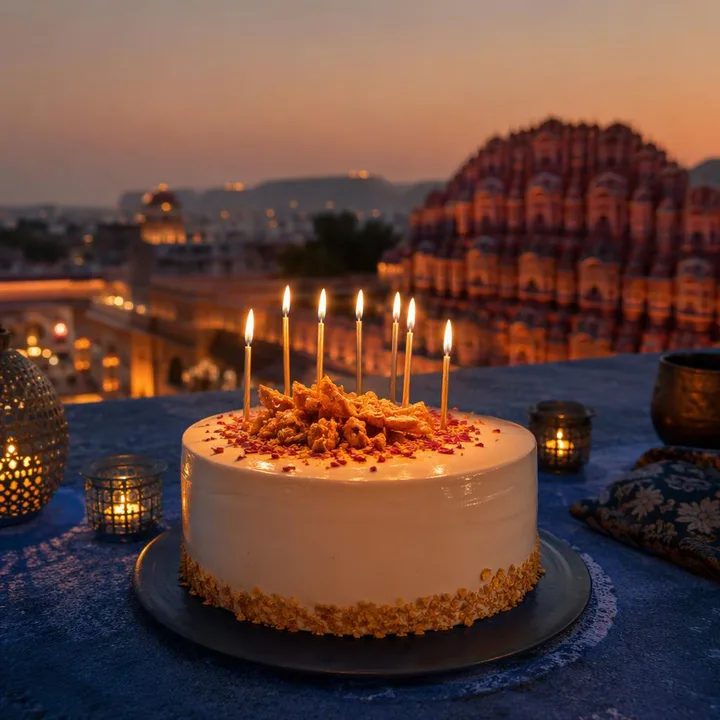 Rooftop table set for birthday dinner with cake and drinks at Nouba Restaurant and Rooftop Lounge, C-Scheme Jaipur