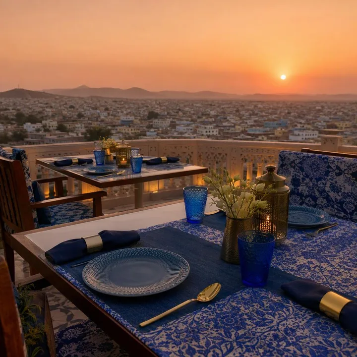 Rooftop tables with Jaipur skyline view at dusk at Nouba Restaurant and Rooftop Lounge, C-Scheme Jaipur