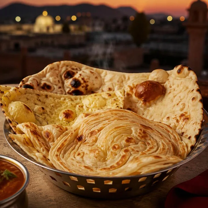 Bread basket with naan laccha paratha and tandoori roti on sharing plate at Nouba Restaurant and Rooftop Lounge, C-Scheme Jaipur