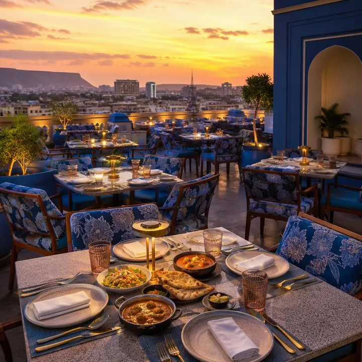 Electric blue rooftop tables with Jaipur skyline view at sunset at Nouba Restaurant and Rooftop Lounge, C-Scheme Jaipur