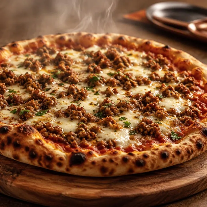 Minced meat pizza slice on plate with skyline view at Nouba Restaurant and Rooftop Lounge, C-Scheme Jaipur