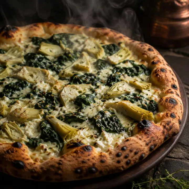 Spinach artichoke pizza from wood-fired oven with melted cheese and toppings at Nouba Restaurant and Rooftop Lounge, C-Scheme Jaipur