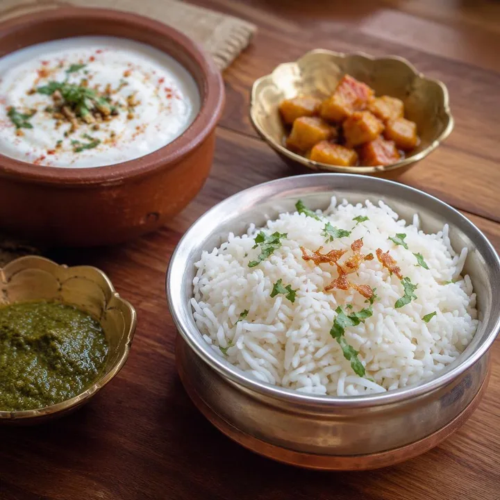 Table with rice bowl, raita pot and north Indian sides at Nouba Restaurant and Rooftop Lounge, C-Scheme Jaipur