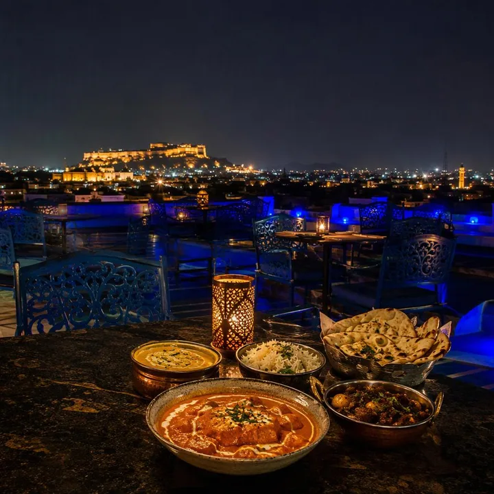 Blue rooftop tables with city skyline view at night at Nouba Restaurant and Rooftop Lounge, C-Scheme Jaipur