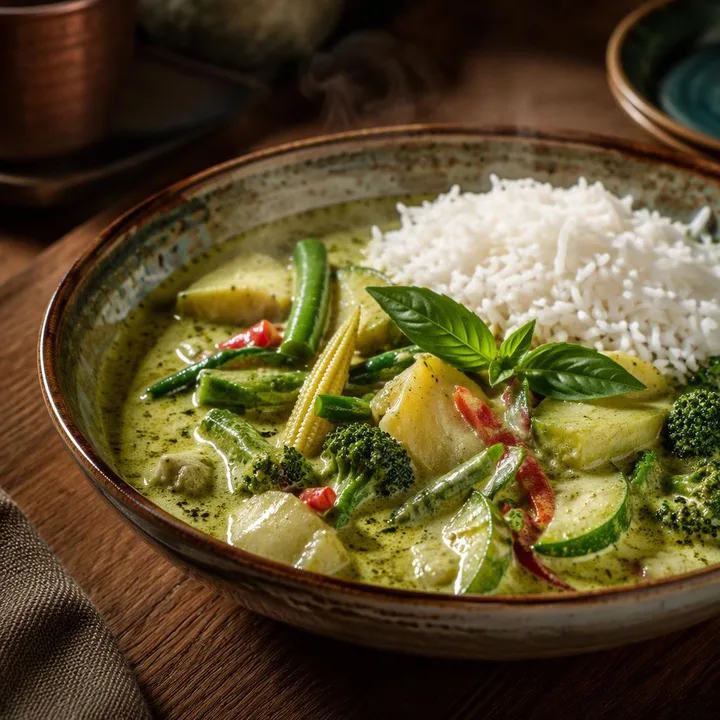 Steaming Thai curry bowl with rice and vegetables at Nouba Restaurant and Rooftop Lounge, C-Scheme Jaipur