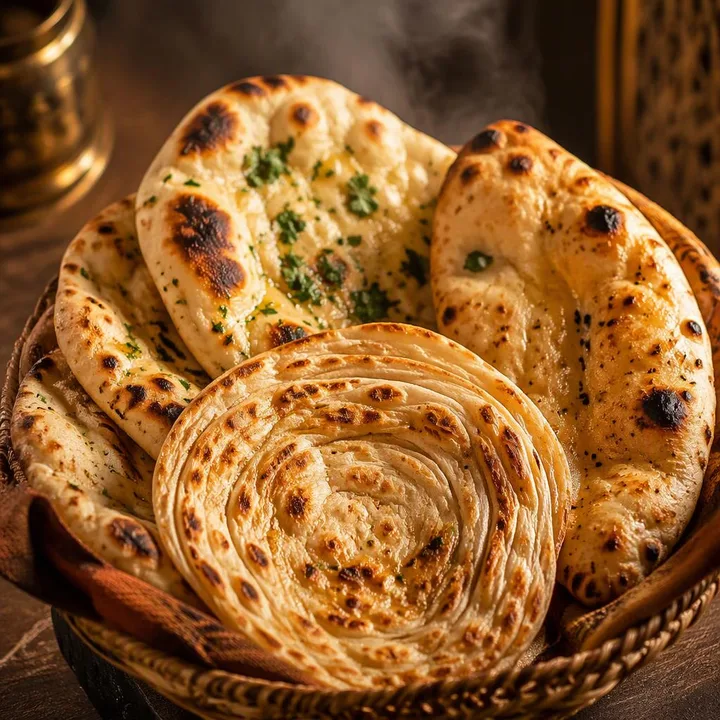 Basket of fresh naan and laccha paratha on table at Nouba Restaurant and Rooftop Lounge, C-Scheme Jaipur