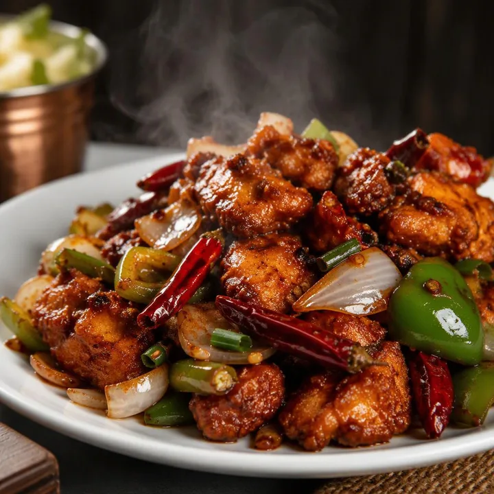 Plate of chilli chicken with peppers and onions at Nouba Restaurant and Rooftop Lounge, C-Scheme Jaipur