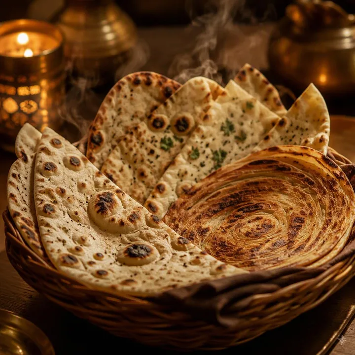 Basket of naan and tandoor breads on table at Nouba Restaurant and Rooftop Lounge, C-Scheme Jaipur