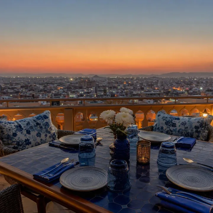 Rooftop table with Jaipur skyline view at sunset at Nouba Restaurant and Rooftop Lounge, C-Scheme Jaipur