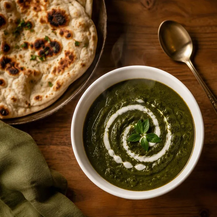 Close-up of green palak gravy in bowl with naan on side at Nouba Restaurant and Rooftop Lounge, C-Scheme Jaipur