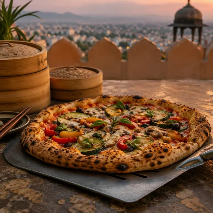 Wood-fired pizza with fresh toppings on blue rooftop table at Nouba Restaurant and Rooftop Lounge, C-Scheme Jaipur