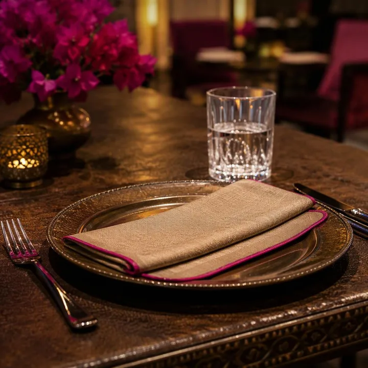 Quiet table set for one with water glass and napkin at Nouba Restaurant and Rooftop Lounge, C-Scheme Jaipur