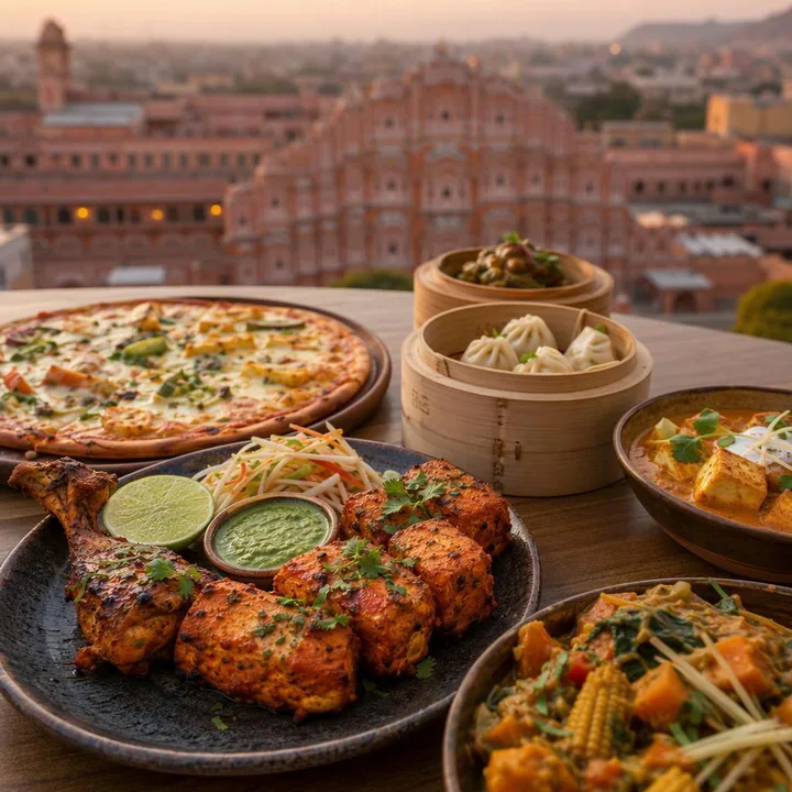 Mixed veg and non-veg dishes on table with skyline view at Nouba Restaurant and Rooftop Lounge, C-Scheme Jaipur