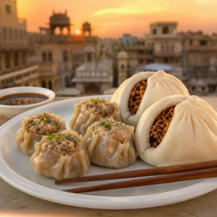Steamed dim sum and bao buns on a plate at Nouba Restaurant and Rooftop Lounge, C-Scheme Jaipur