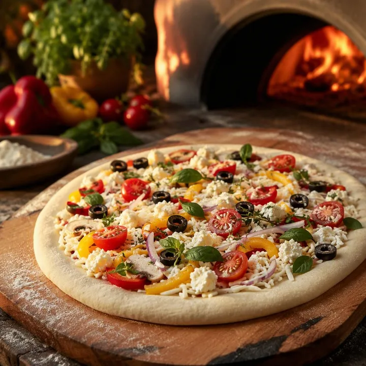 Neapolitan pizza with custom toppings on wood-fired oven peel at Nouba Restaurant and Rooftop Lounge, C-Scheme Jaipur