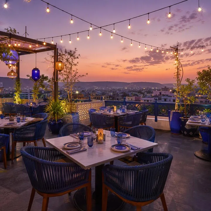 Rooftop terrace with Jaipur skyline view and tables set for dinner at Nouba Restaurant and Rooftop Lounge, C-Scheme Jaipur