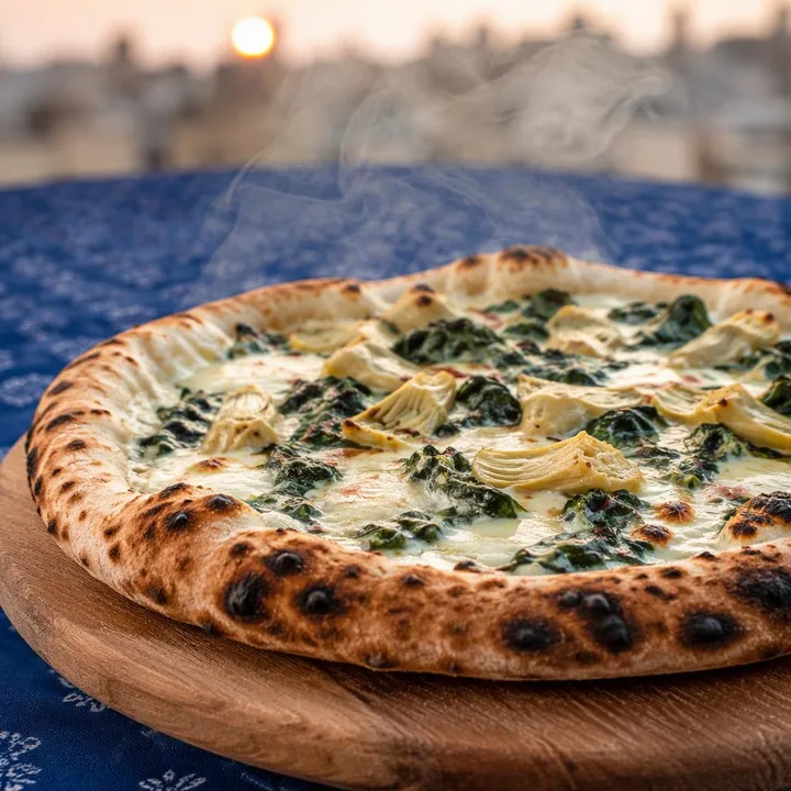 Spinach and artichoke pizza on wood board at rooftop table at Nouba Restaurant and Rooftop Lounge, C-Scheme Jaipur