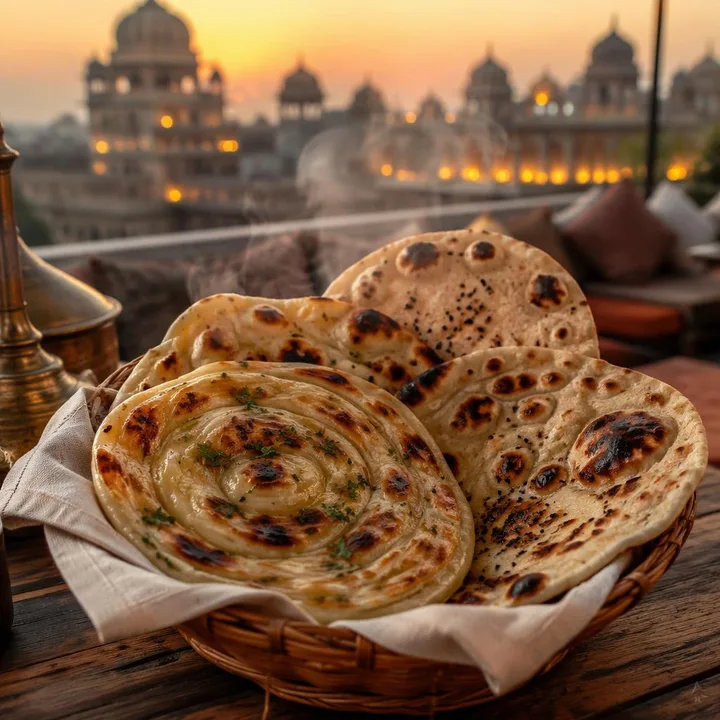 Bread basket with naan and tandoor breads on table at Nouba Restaurant and Rooftop Lounge, C-Scheme Jaipur