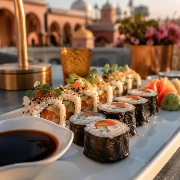Maki and uramaki sushi rolls on a sharing plate at Nouba Restaurant and Rooftop Lounge, C-Scheme Jaipur