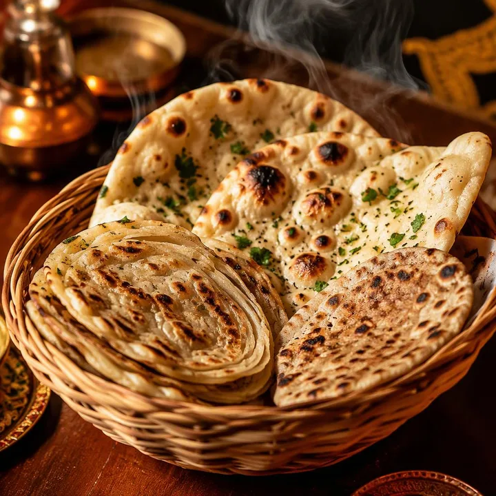 Basket of naan and tandoor breads on table at Nouba Restaurant and Rooftop Lounge, C-Scheme Jaipur