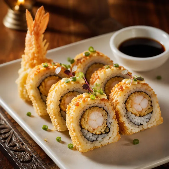 Close-up of prawn tempura roll sliced on a plate with chopsticks beside it at Nouba Restaurant and Rooftop Lounge, C-Scheme Jaipur