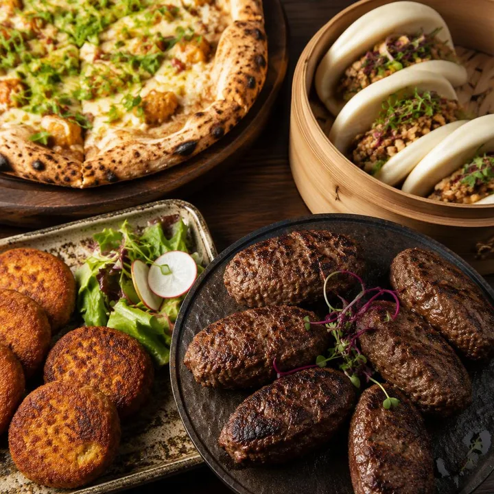Plate of galouti and shami kebabs with pizza slice and dim sum beside at Nouba Restaurant and Rooftop Lounge, C-Scheme Jaipur