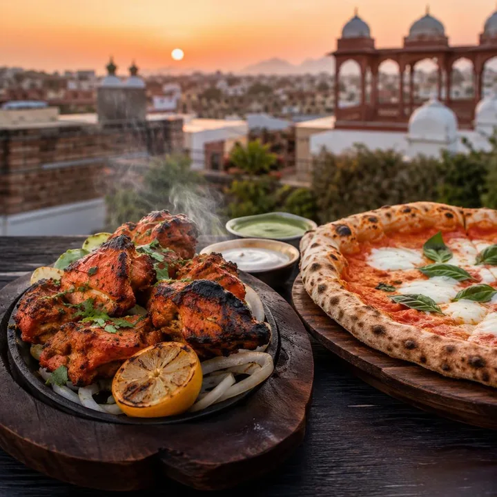 Tandoor meats and wood-fired pizza on a table at Nouba Restaurant and Rooftop Lounge, C-Scheme Jaipur