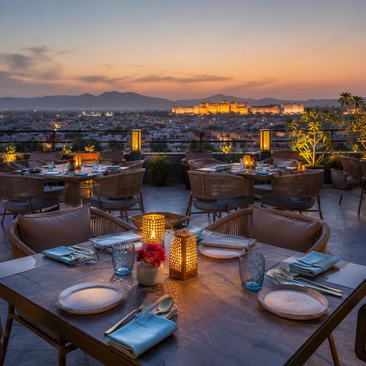 Rooftop tables with Jaipur skyline view at dusk at Nouba Restaurant and Rooftop Lounge, C-Scheme Jaipur
