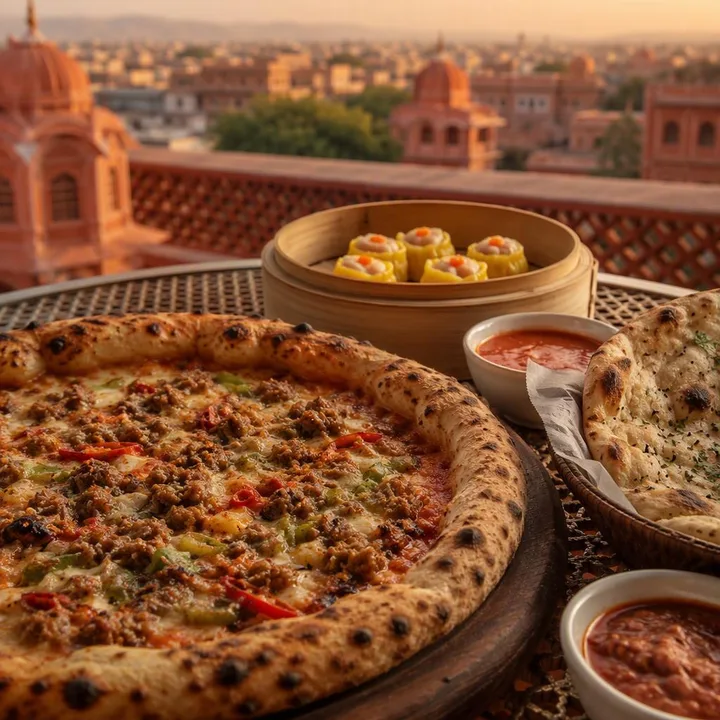 Minced meat pizza from wood-fired oven with side dishes at Nouba Restaurant and Rooftop Lounge, C-Scheme Jaipur