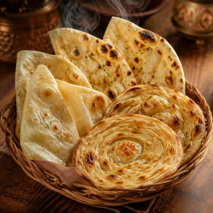 Basket of naan and breads on a table at Nouba Restaurant and Rooftop Lounge, C-Scheme Jaipur