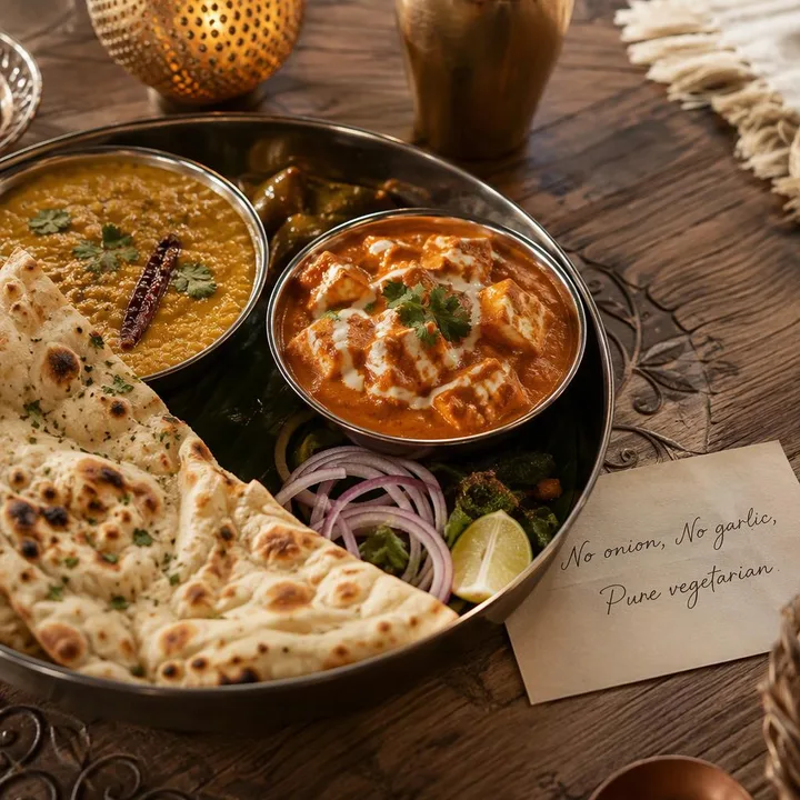 Table with north Indian vegetarian dishes and dietary note card at Nouba Restaurant and Rooftop Lounge, C-Scheme Jaipur