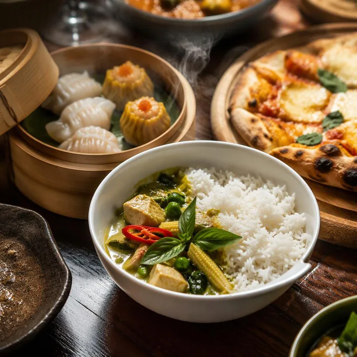 Steaming Thai green curry bowl with rice beside dim sum and pizza slice at Nouba Restaurant and Rooftop Lounge, C-Scheme Jaipur