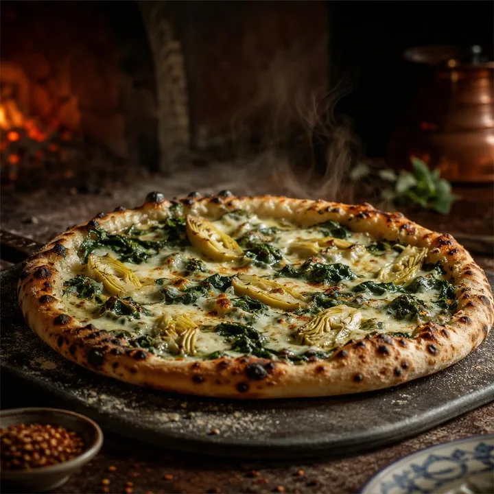 Spinach artichoke pizza on wood-fired oven tray at Nouba Restaurant and Rooftop Lounge, C-Scheme Jaipur