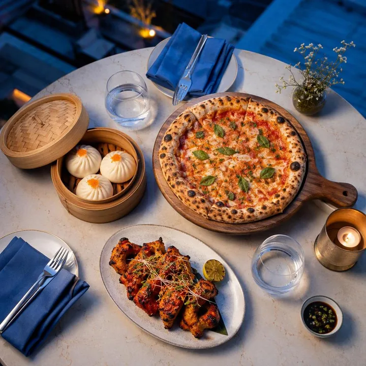 Table set with pizza dim sum and tandoor dishes at Nouba Restaurant and Rooftop Lounge, C-Scheme Jaipur