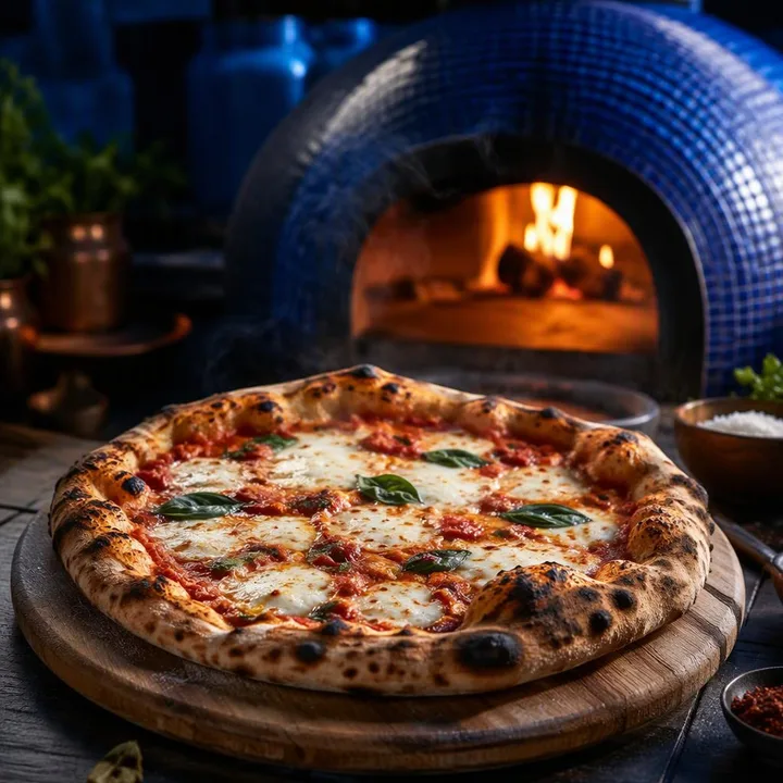 Wood-fired margherita pizza on blue rooftop table with Jaipur skyline view at Nouba Restaurant and Rooftop Lounge, C-Scheme Jaipur