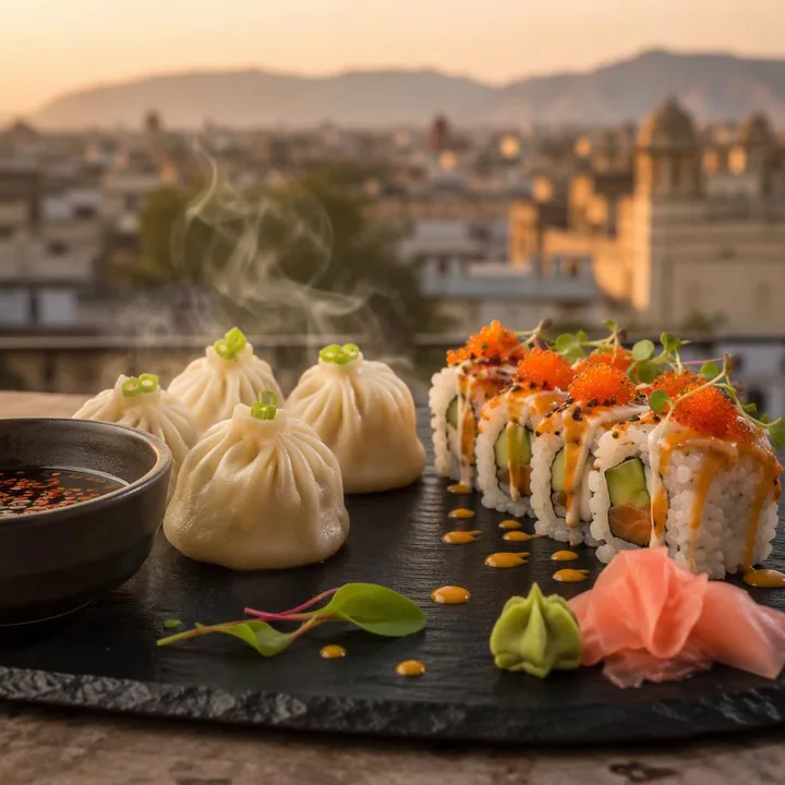 Pan-Asian dim sum platter with steam rising at Nouba Restaurant and Rooftop Lounge, C-Scheme Jaipur