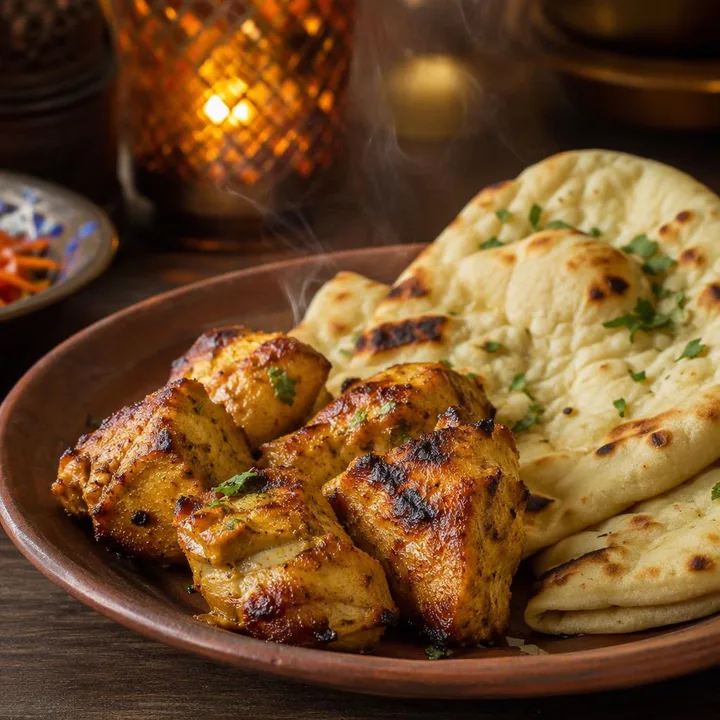 Tandoor grill platter with mild chicken pieces and naan on a table at Nouba Restaurant and Rooftop Lounge, C-Scheme Jaipur