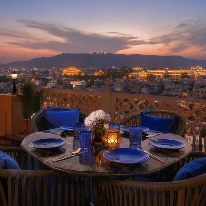 Rooftop table setup with skyline view at sunset at Nouba Restaurant and Rooftop Lounge, C-Scheme Jaipur