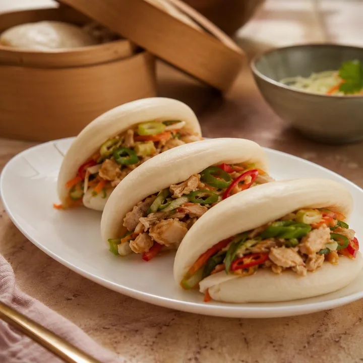 Steamed bao buns on a plate with chopsticks at Nouba Restaurant and Rooftop Lounge, C-Scheme Jaipur