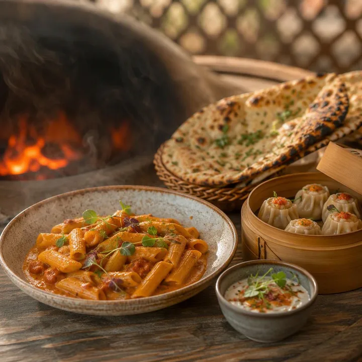 Wood-fired pasta dish with North Indian tandoor side on table at Nouba Restaurant and Rooftop Lounge, C-Scheme Jaipur