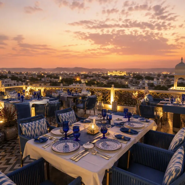 Rooftop tables set for large corporate group with Jaipur skyline view at Nouba Restaurant and Rooftop Lounge, C-Scheme Jaipur
