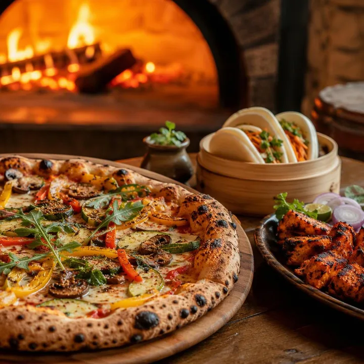 Custom topped wood-fired pizza on table with tandoor skewers and dim sum beside, at Nouba Restaurant and Rooftop Lounge, C-Scheme Jaipur
