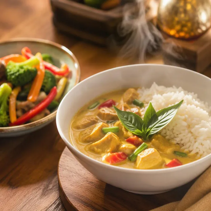 Plate of mild yellow Thai curry with rice at Nouba Restaurant and Rooftop Lounge, C-Scheme Jaipur