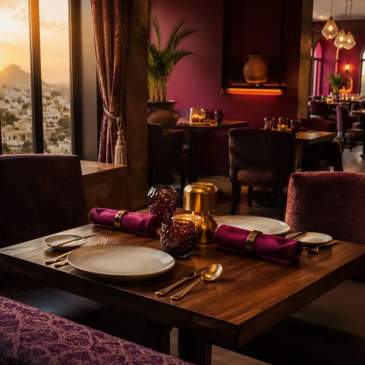 Brown and magenta toned 3rd floor dining room with tables set for photos at Nouba Restaurant and Rooftop Lounge, C-Scheme Jaipur