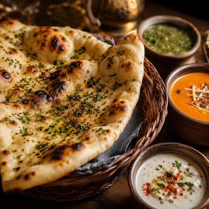 Basket of naan breads with dips and curries on table at Nouba Restaurant and Rooftop Lounge, C-Scheme Jaipur