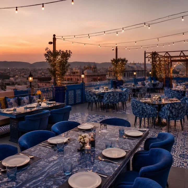 Electric blue rooftop lounge with 180-degree skyline view and tables for groups at Nouba Restaurant and Rooftop Lounge, C-Scheme Jaipur