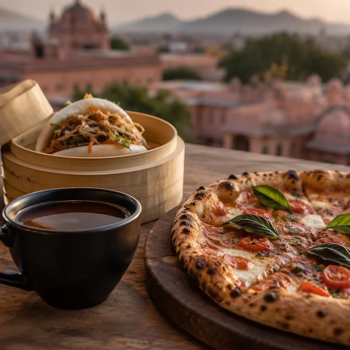 Coffee cup with pizza slice and dim sum beside it at Nouba Restaurant and Rooftop Lounge, C-Scheme Jaipur