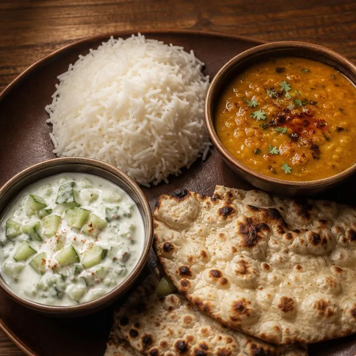 Table with rice, raita bowl, curry and naan sides at Nouba Restaurant and Rooftop Lounge, C-Scheme Jaipur