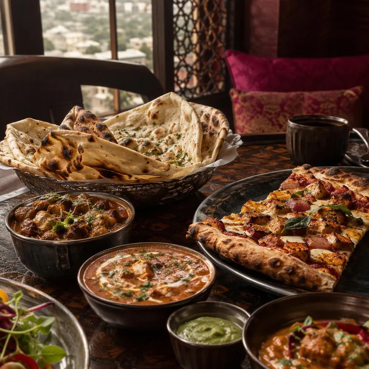 Family table on 3rd floor with plates of naan and pizza at Nouba Restaurant and Rooftop Lounge, C-Scheme Jaipur